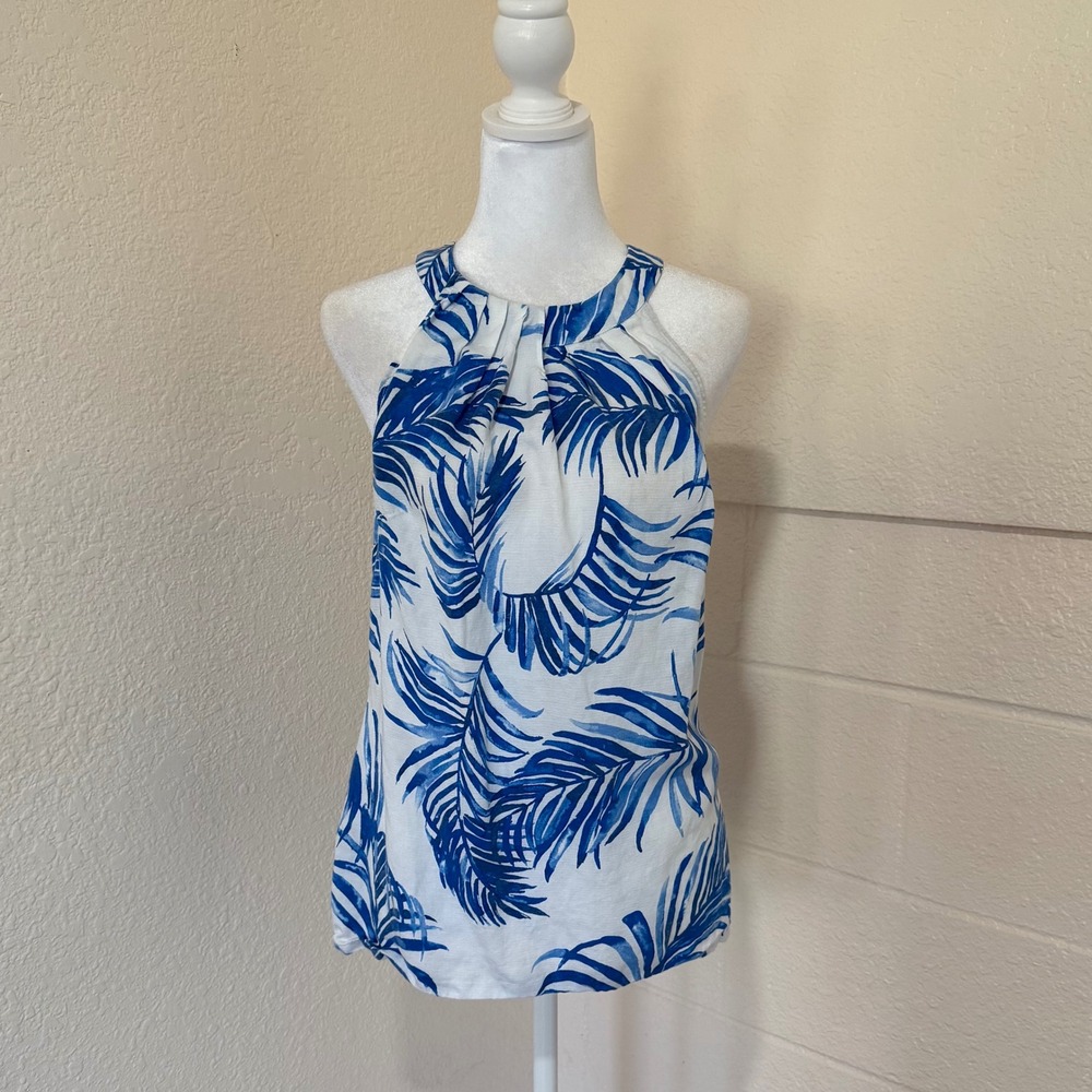 Tommy Bahama Halter Top Womens Small Blue Palm Print Sleeveless Linen Blend Boho